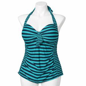 MERONA Navy Green Stripe Halter Swim Top Size L